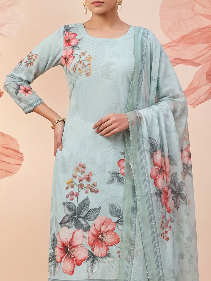 Green Linen Floral Print Round Neck Suit Set