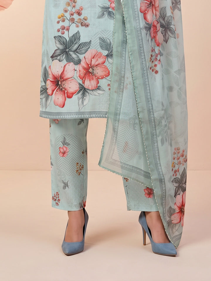 Green Linen Floral Print Round Neck Suit Set