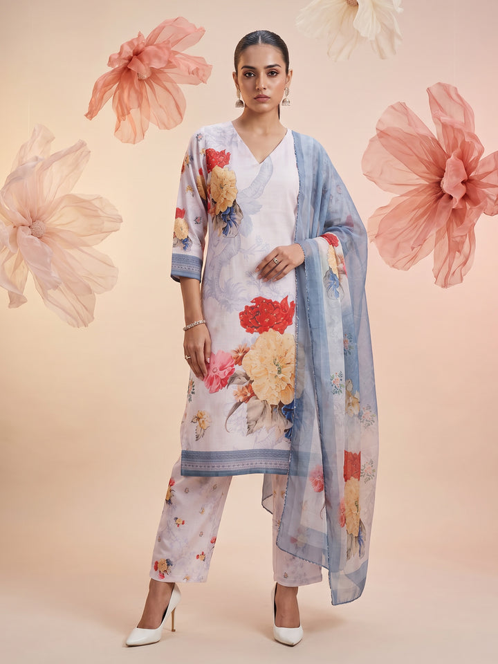 Light Blue Linen Floral Print V Neck Suit Set