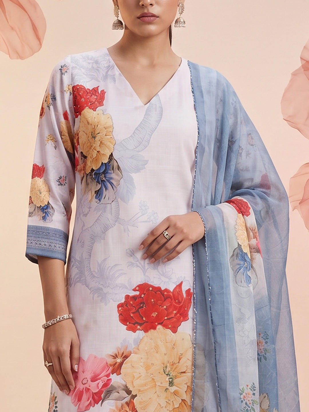 Light Blue Linen Floral Print V Neck Suit Set