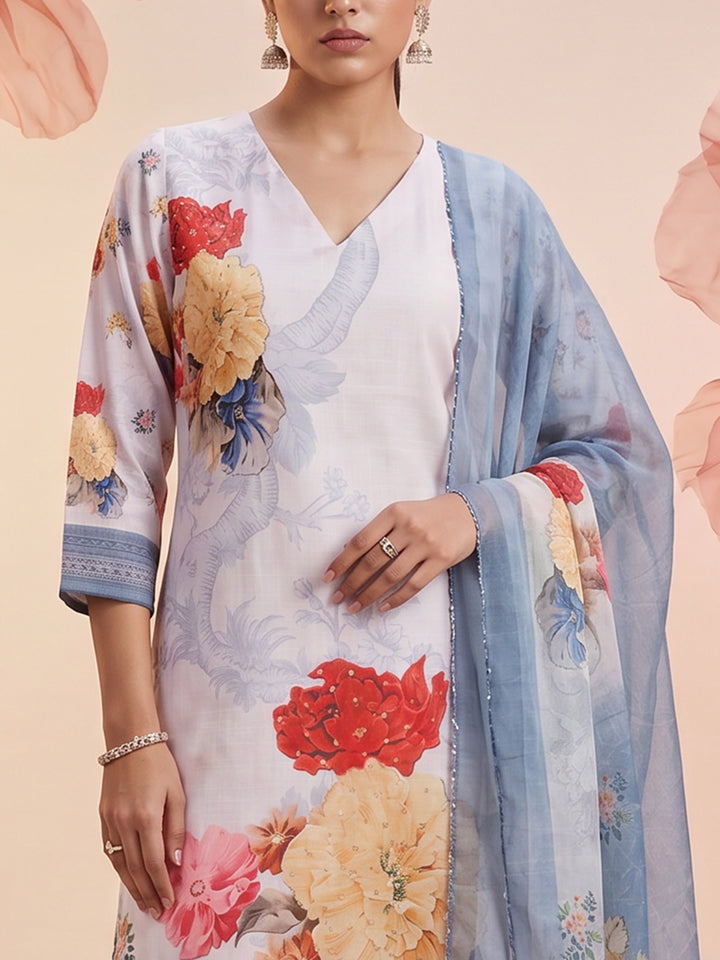 Light Blue Linen Floral Print V Neck Suit Set