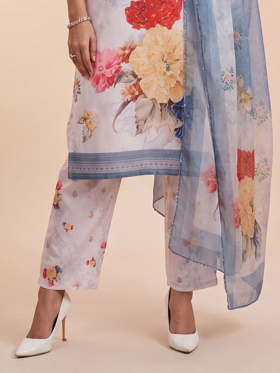 Light Blue Linen Floral Print V Neck Suit Set