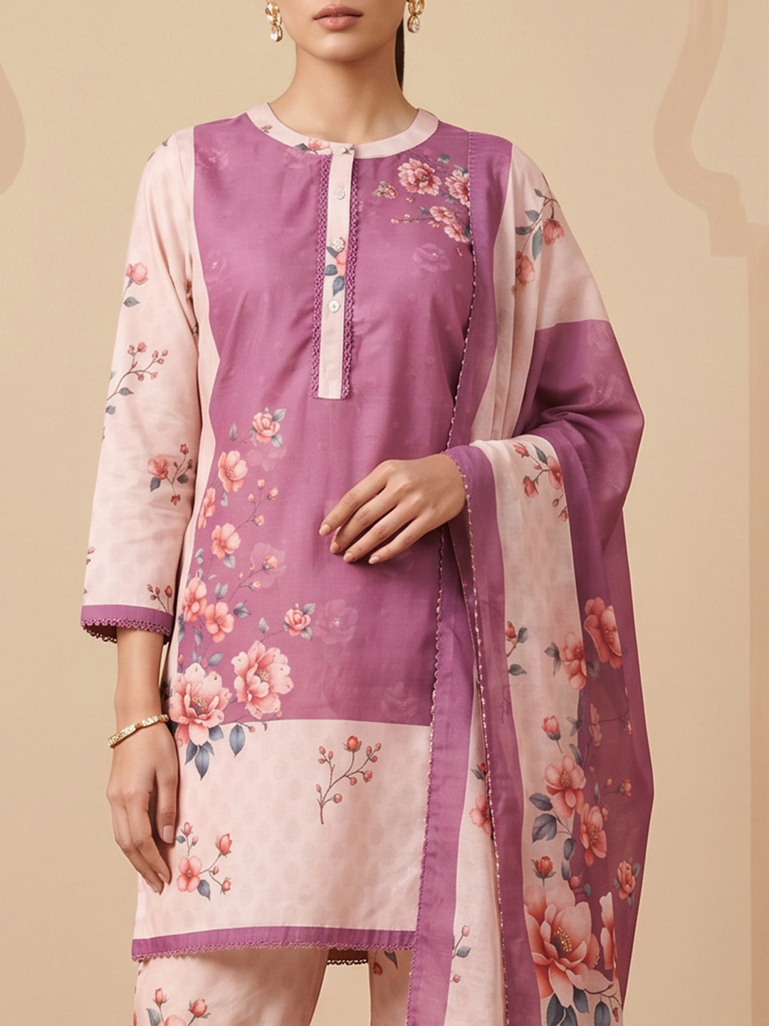 Peach Muslin Floral Print Collar Neck Suit Set