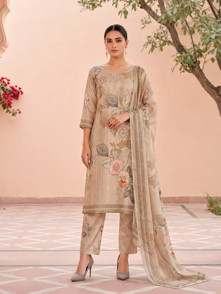 Brown Linen Floral Print Round Neck Suit Set