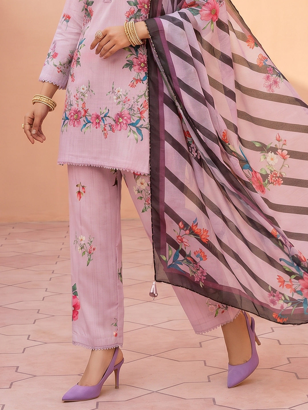 Lavender Muslin Floral Print Collar Neck Suit Set