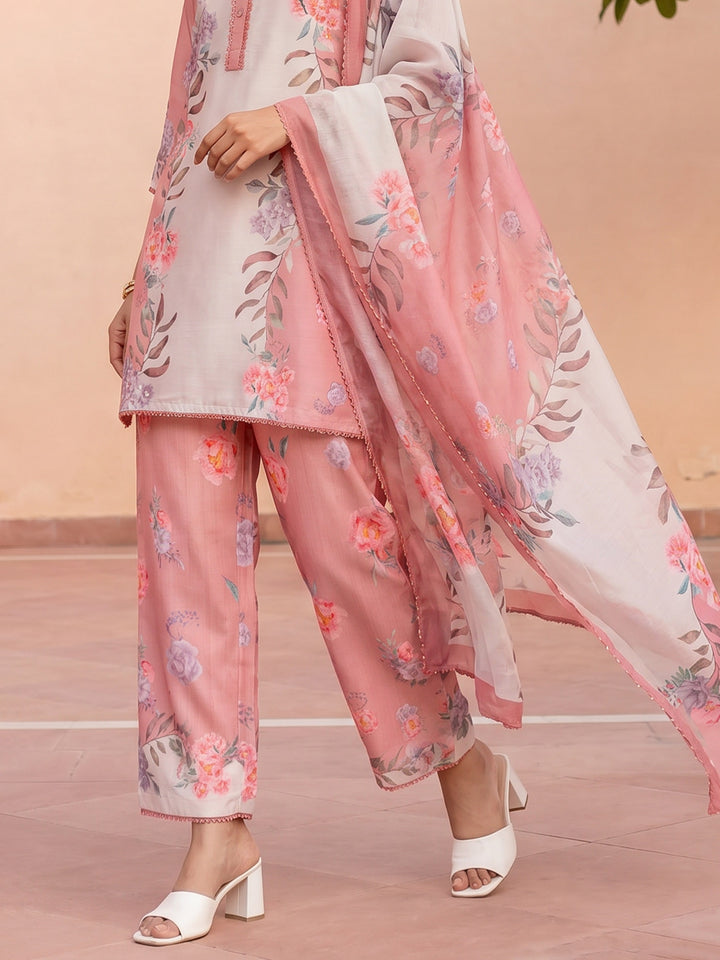 Peach Muslin Floral Print Collar Neck Suit Set