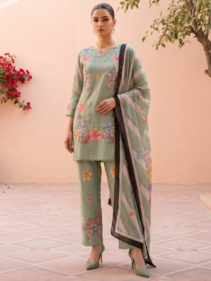 Green Muslin Floral Print Round Neck Suit Set