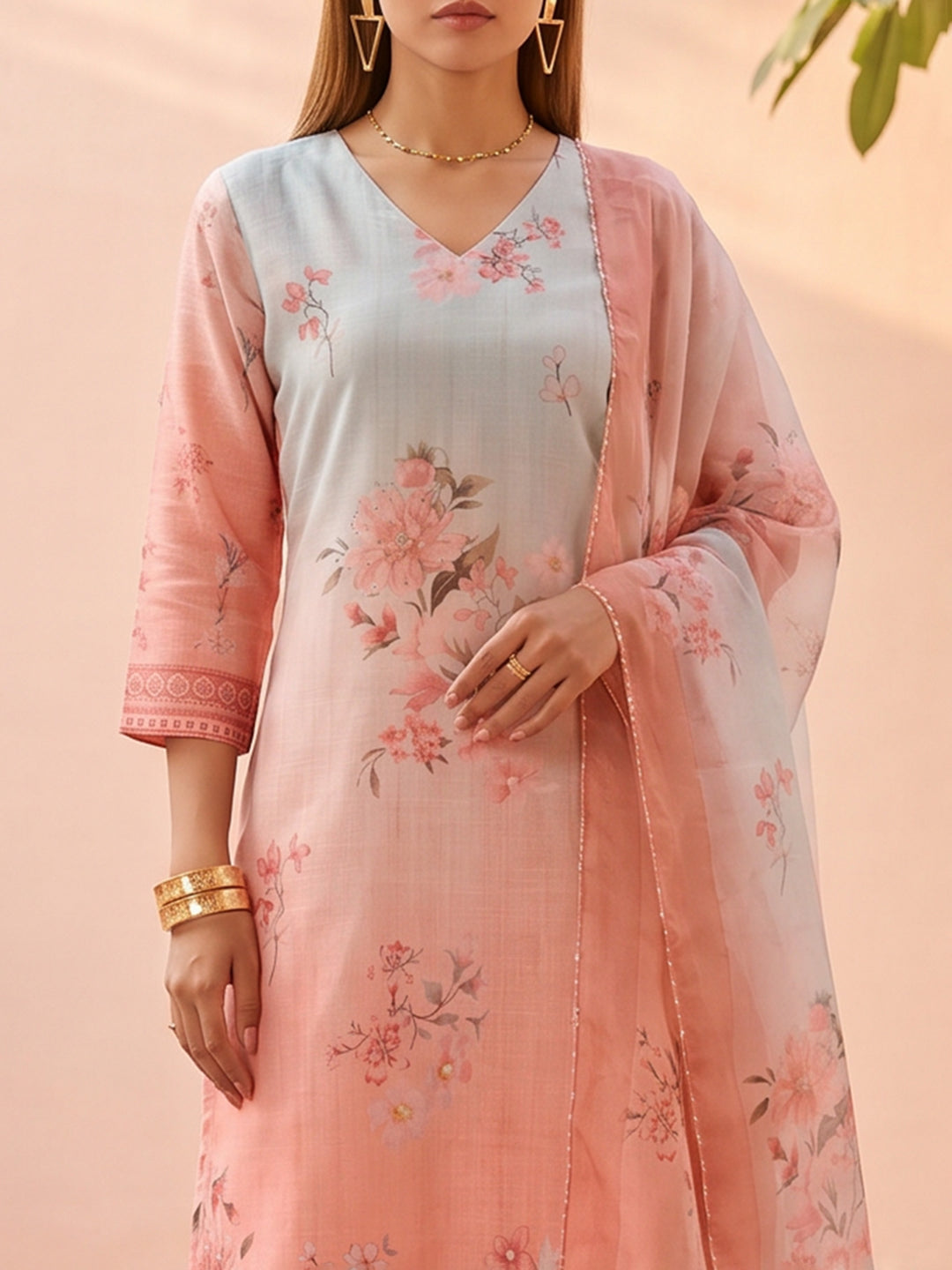 Pink Linen Floral Print V Neck Suit Set