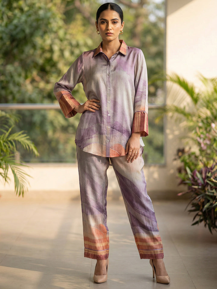 Multicolor Satin Printed Collar Neck Kurta Set