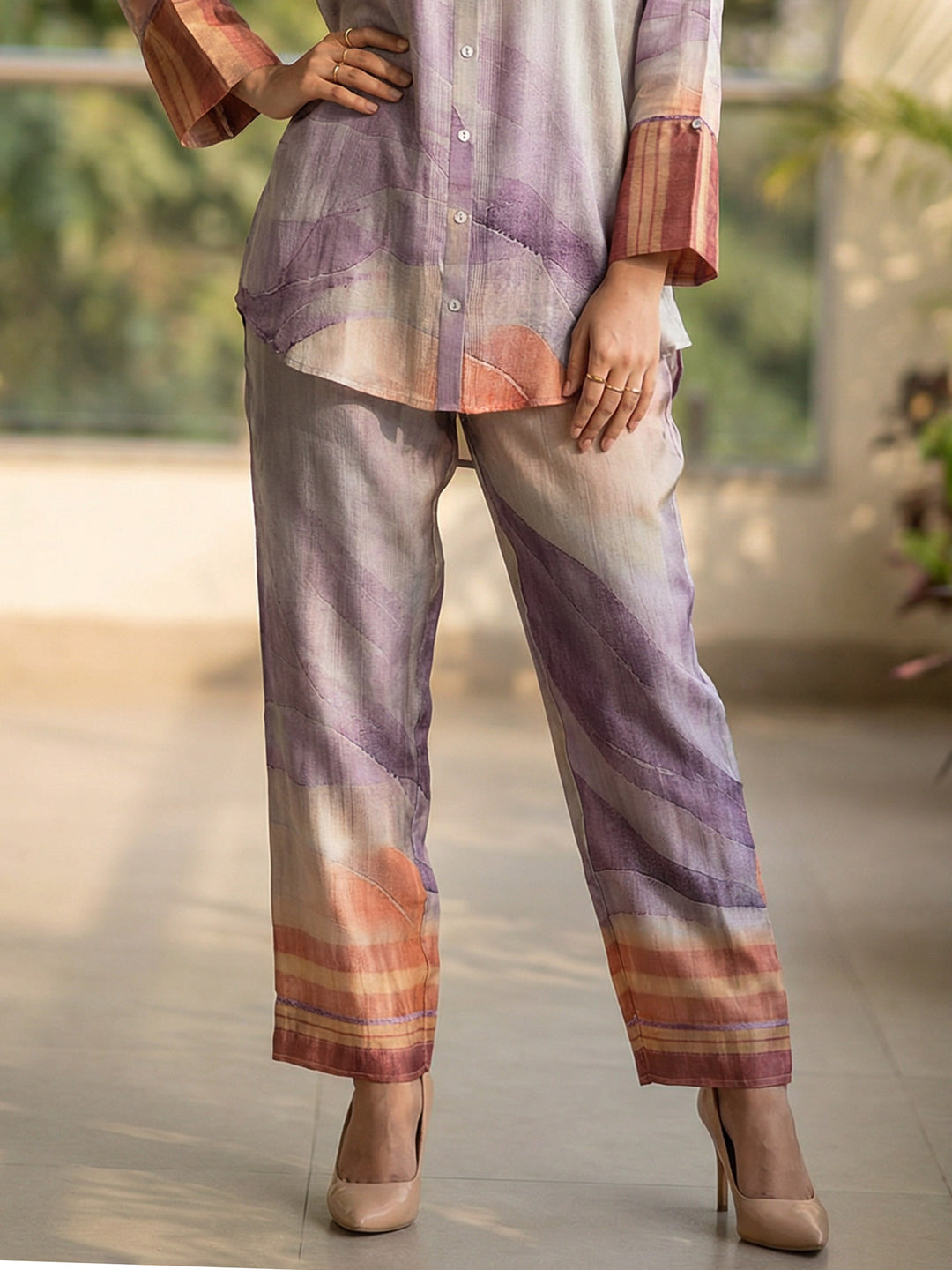 Multicolor Satin Printed Collar Neck Kurta Set