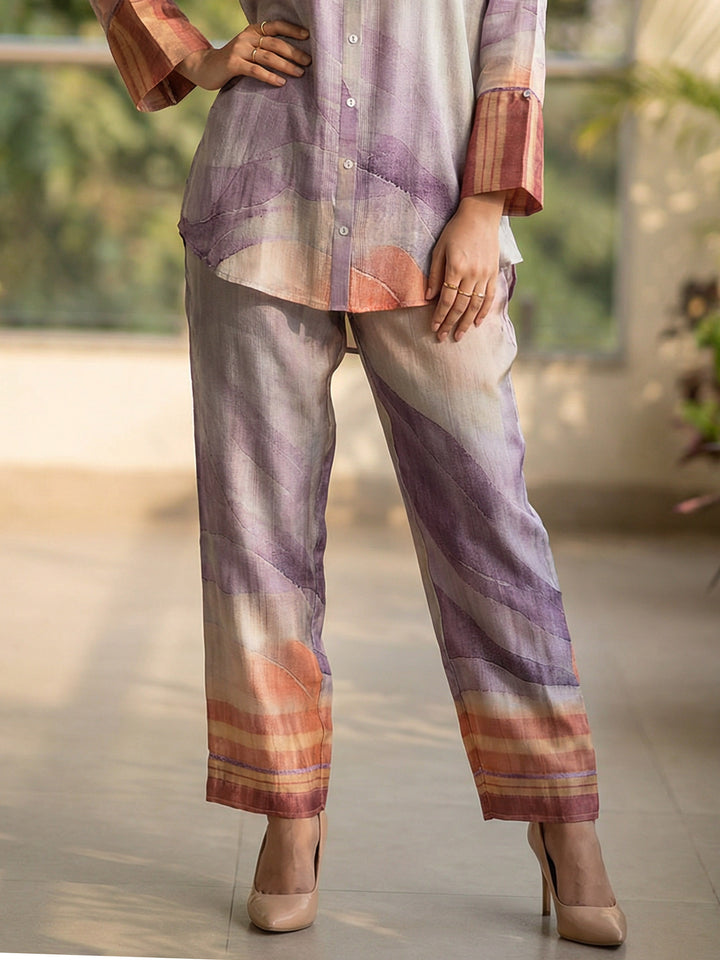 Multicolor Satin Printed Collar Neck Kurta Set