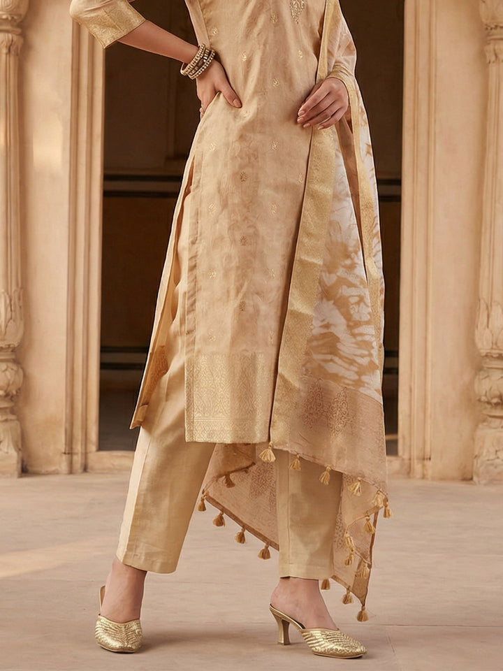Beige Poly Viscose Digital Print V Neck Suit Set