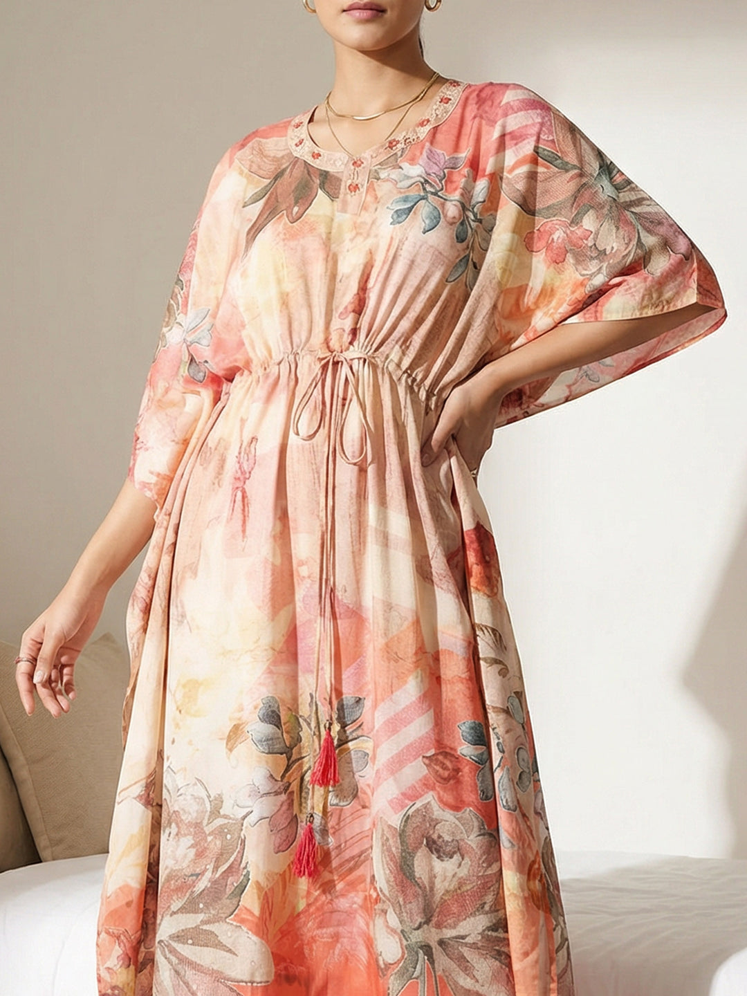 Multicolor Satin Printed Round Neck Kurta Set