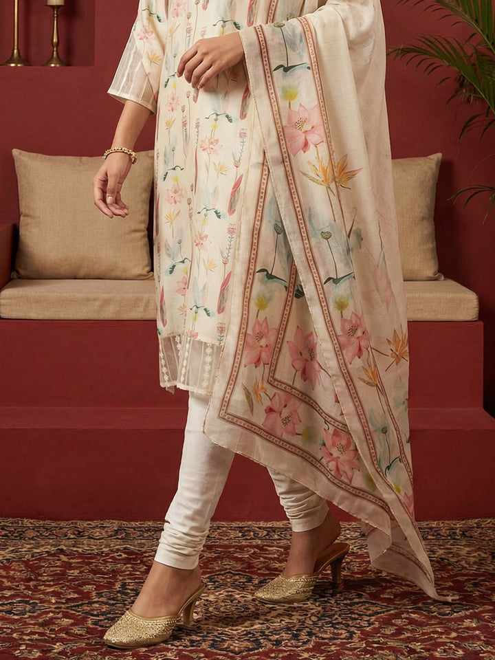 Off White Muslin Floral Print Round Neck Suit Set