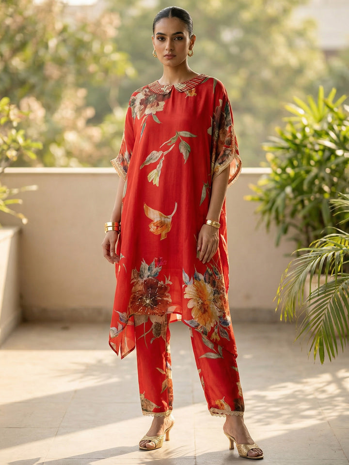 Red Satin Printed Round Neck Kurta Set