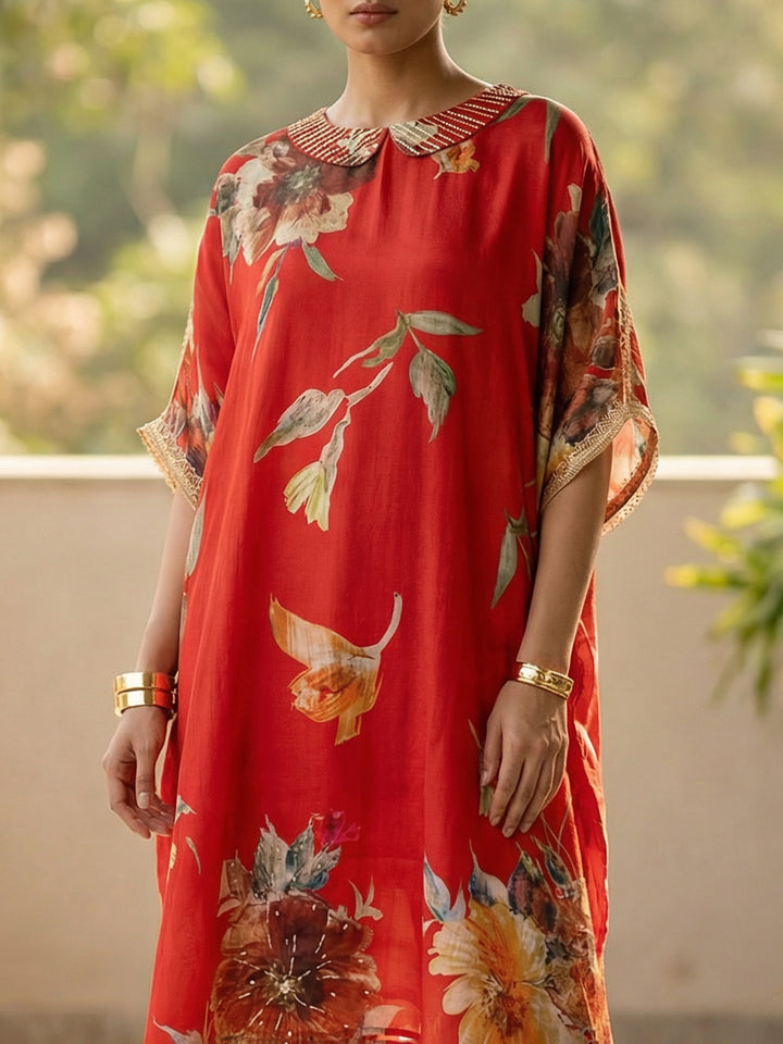 Red Satin Printed Round Neck Kurta Set