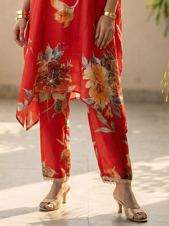 Red Satin Printed Round Neck Kurta Set