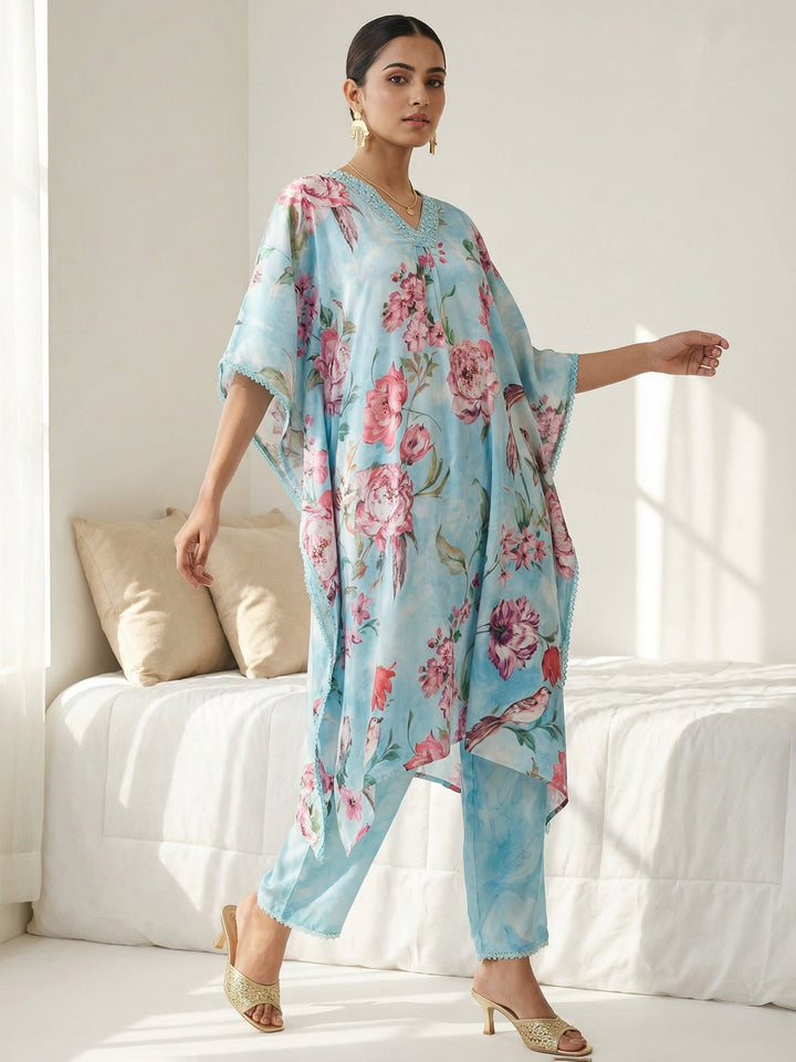 Light Blue Satin Printed V Neck Kurta Set