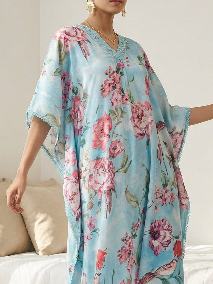 Light Blue Satin Printed V Neck Kurta Set