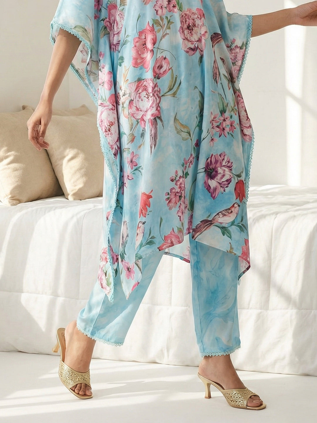 Light Blue Satin Printed V Neck Kurta Set