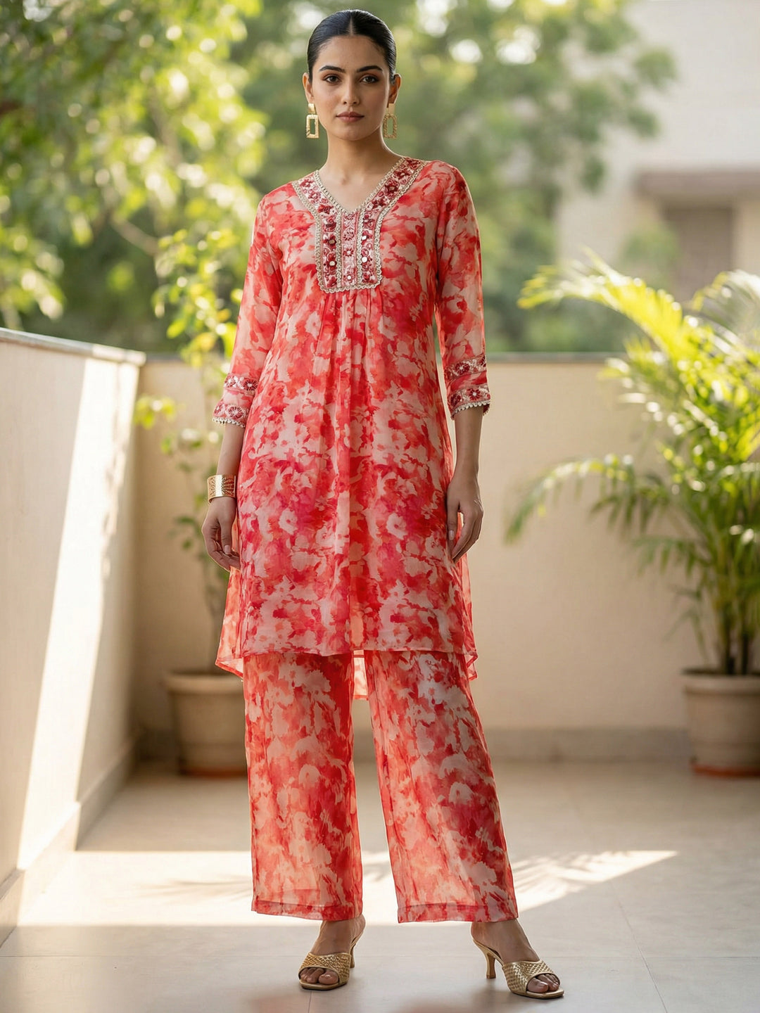 Red Georgette Printed V Neck Kurta Set