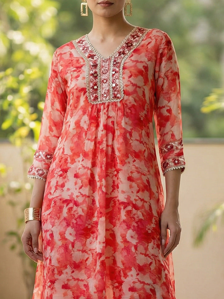 Red Georgette Printed V Neck Kurta Set