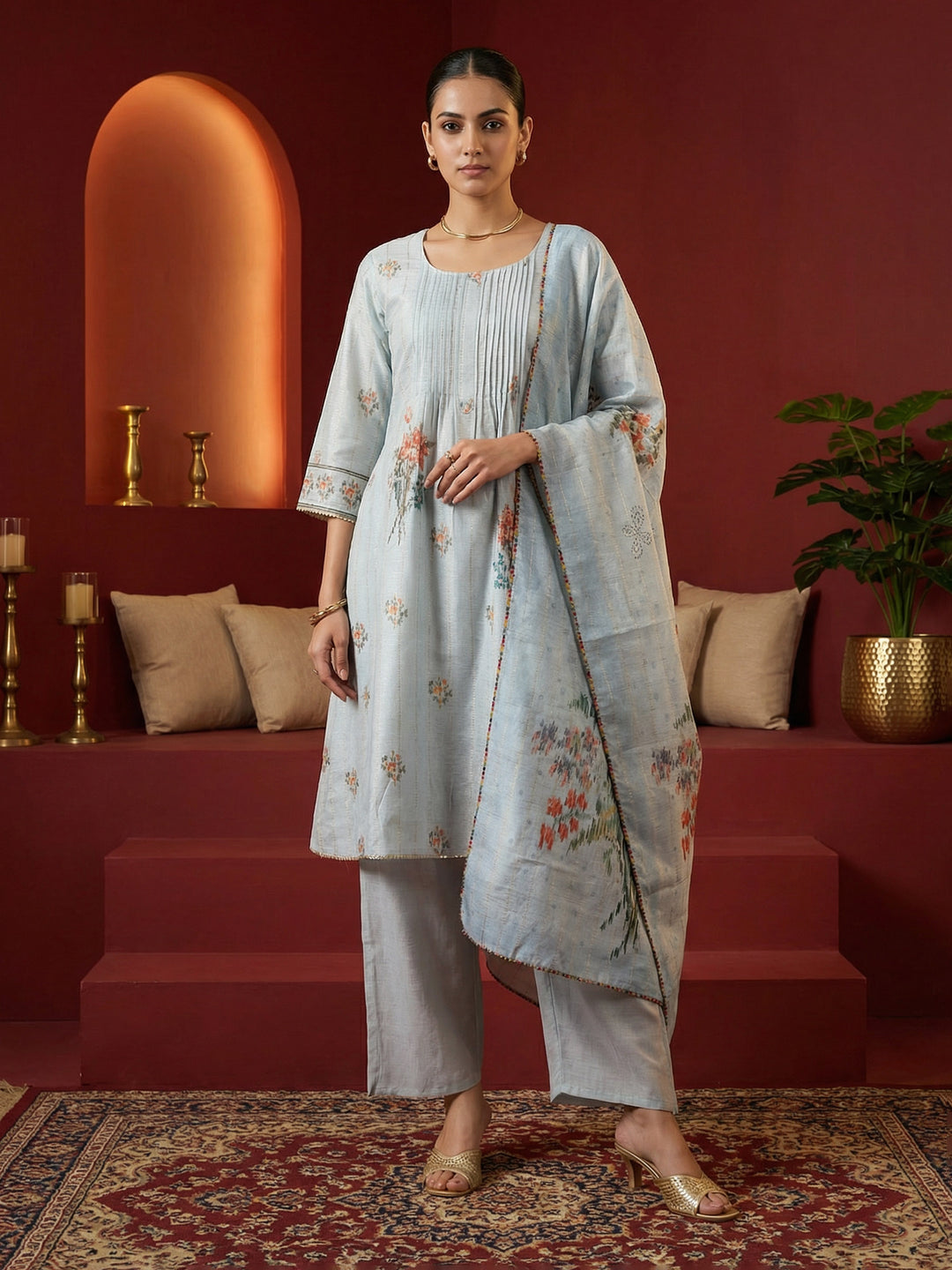 Light Blue Polyester Floral Print Round Neck Suit Set