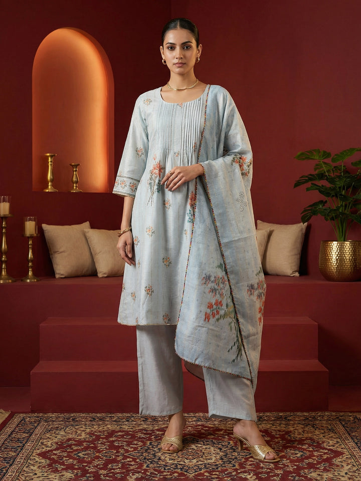Light Blue Polyester Floral Print Round Neck Suit Set