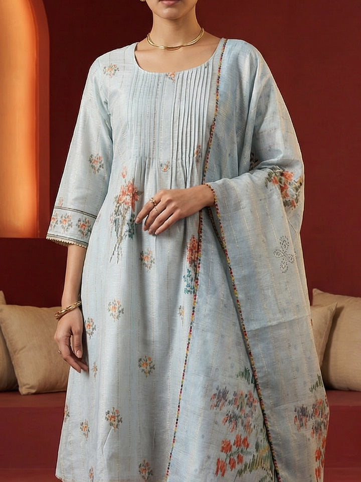 Light Blue Polyester Floral Print Round Neck Suit Set