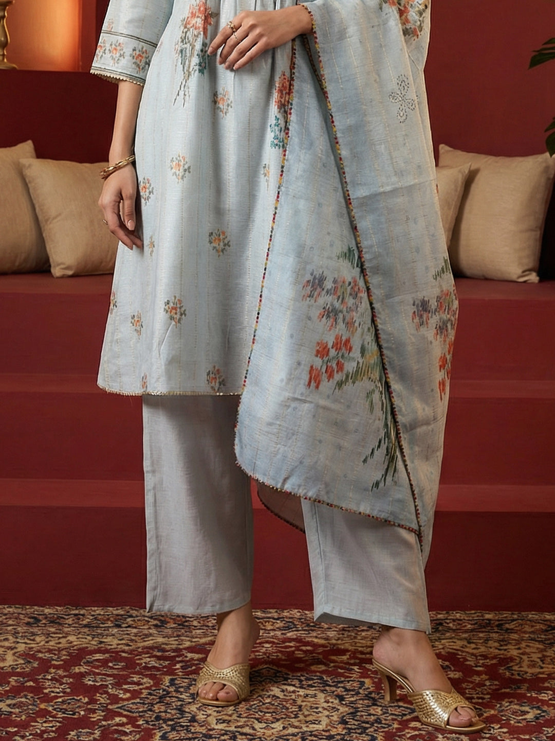 Light Blue Polyester Floral Print Round Neck Suit Set