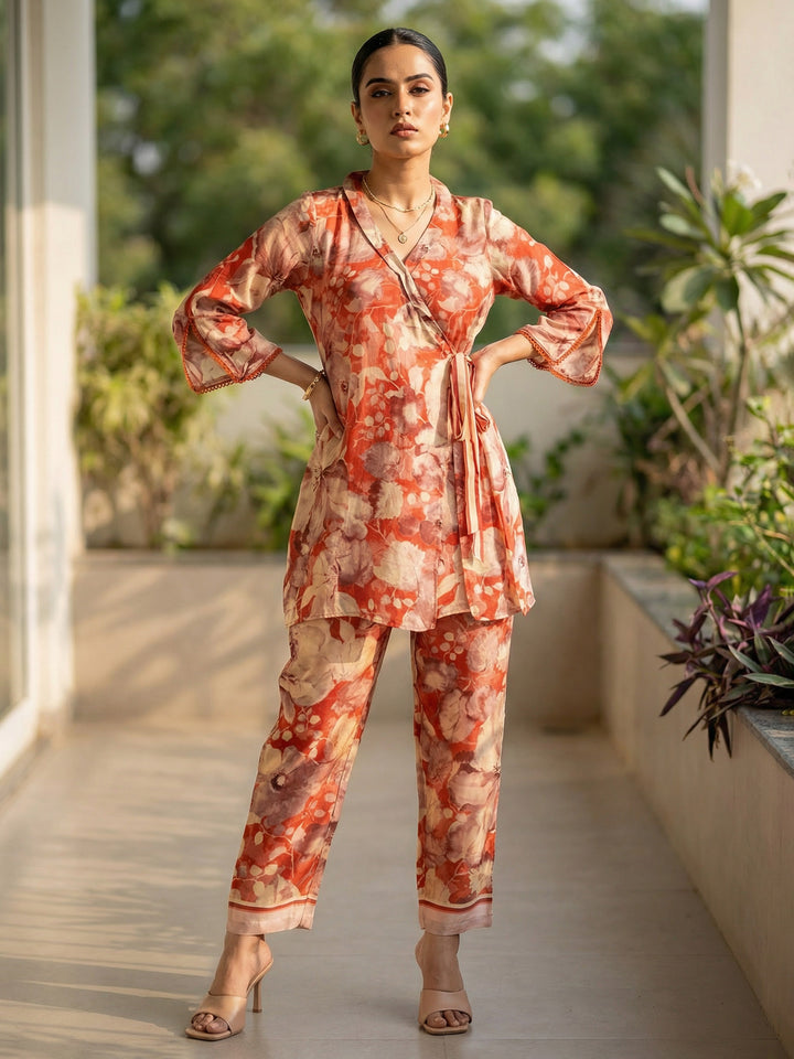 Red Satin Printed V Neck Kurta Set