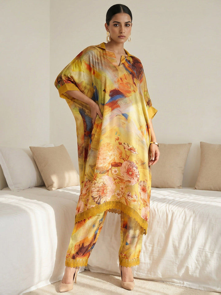 Yellow Satin Printed Collar Neck Kurta Set