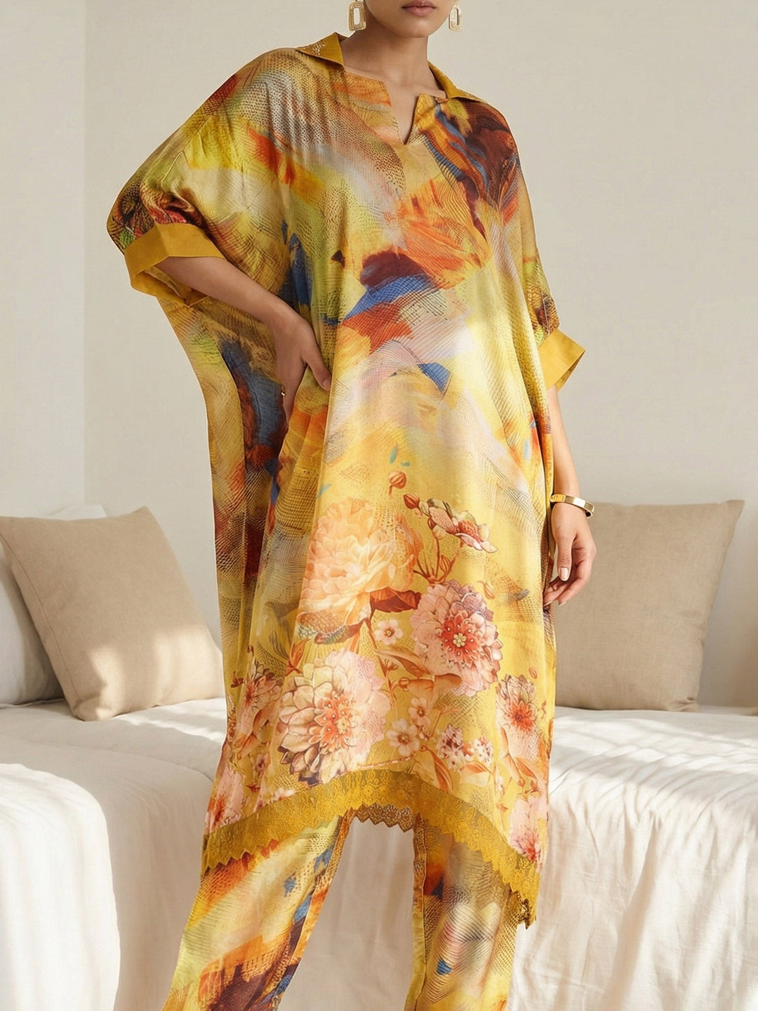 Yellow Satin Printed Collar Neck Kurta Set