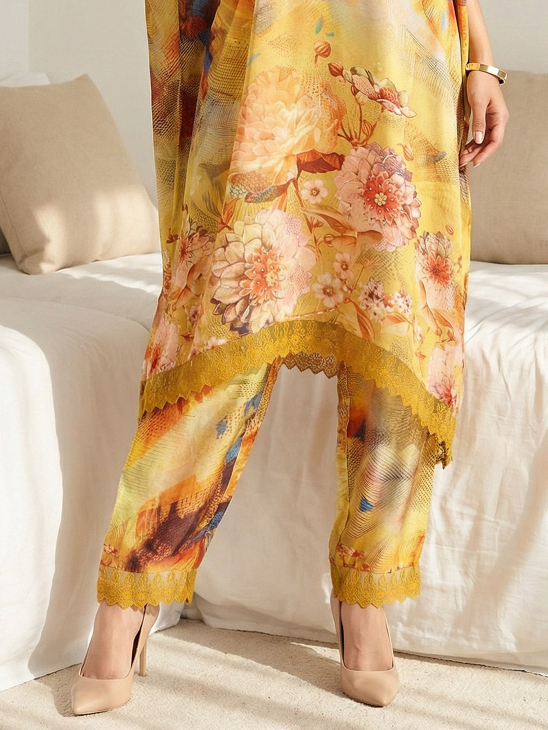Yellow Satin Printed Collar Neck Kurta Set