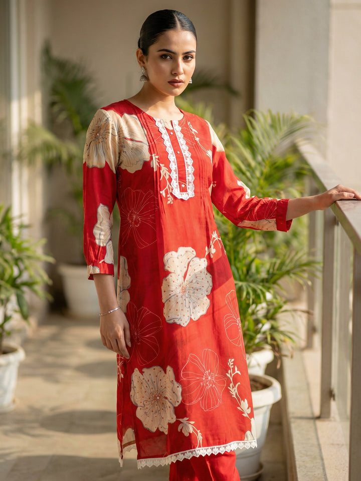 Red Viscose Floral Print Round Neck Suit Set