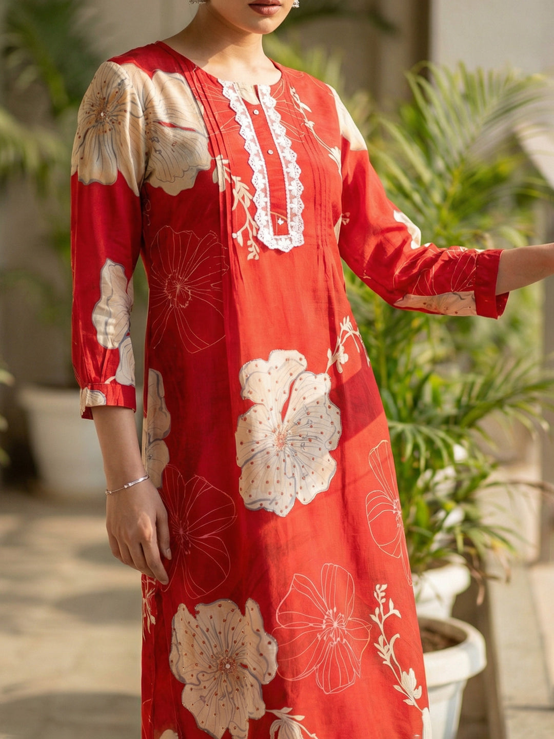 Red Viscose Floral Print Round Neck Suit Set