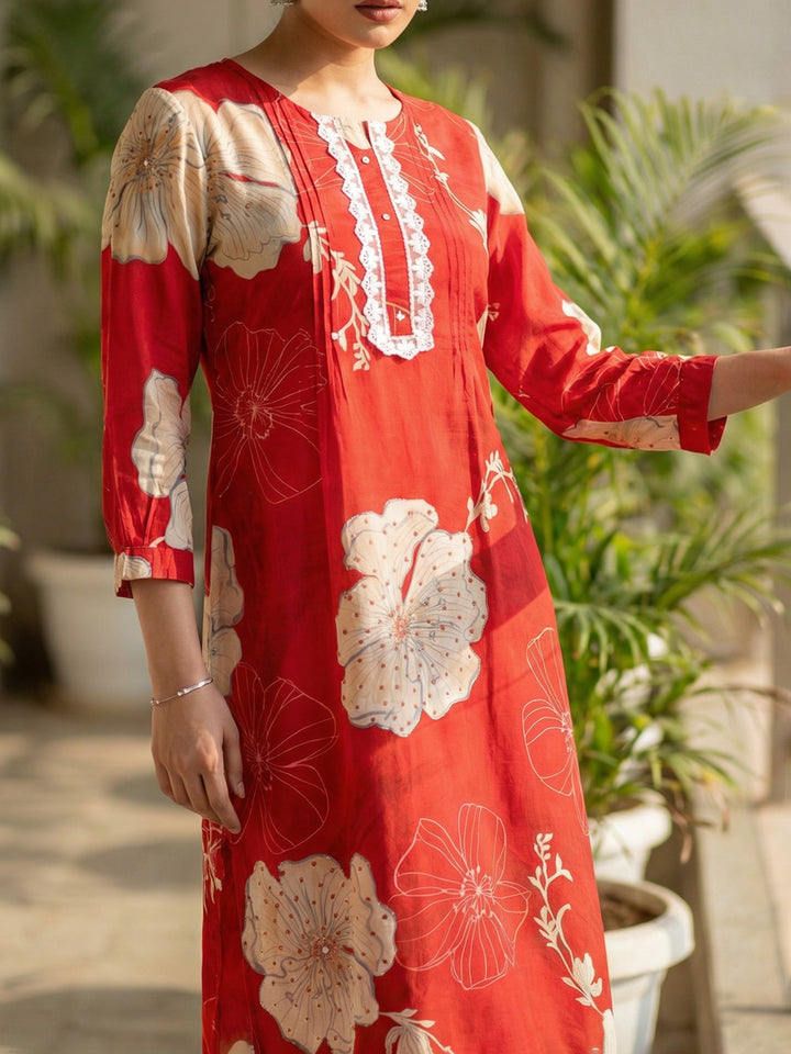 Red Viscose Floral Print Round Neck Suit Set