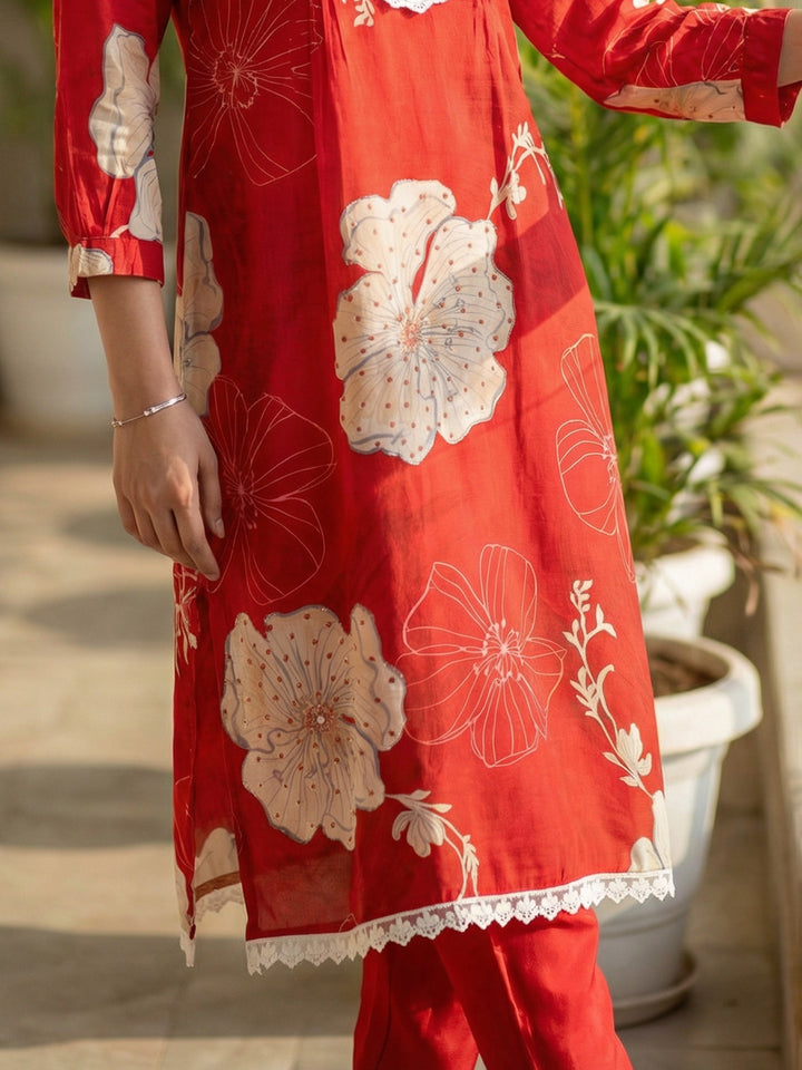 Red Viscose Floral Print Round Neck Suit Set