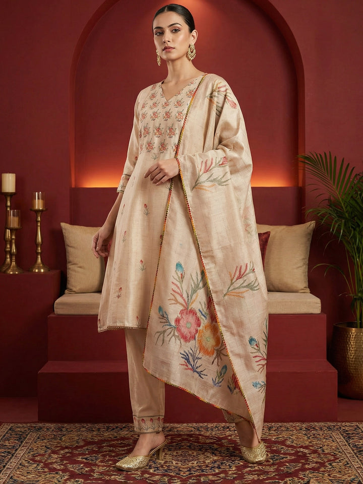 Beige Polyester Floral Print V Neck Suit Set