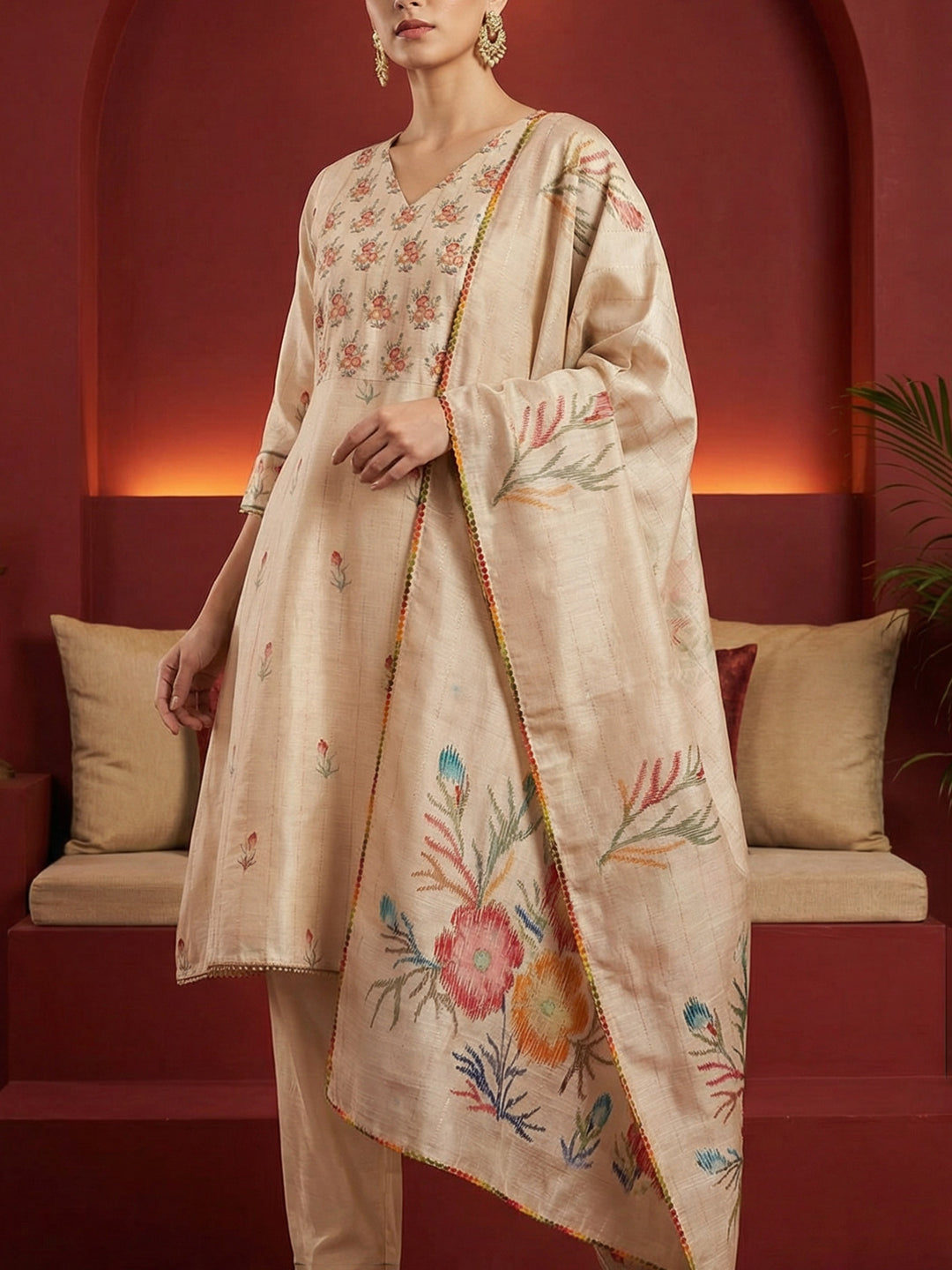 Beige Polyester Floral Print V Neck Suit Set