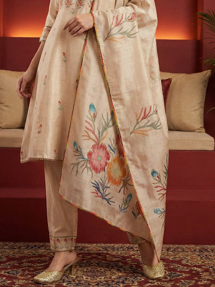 Beige Polyester Floral Print V Neck Suit Set
