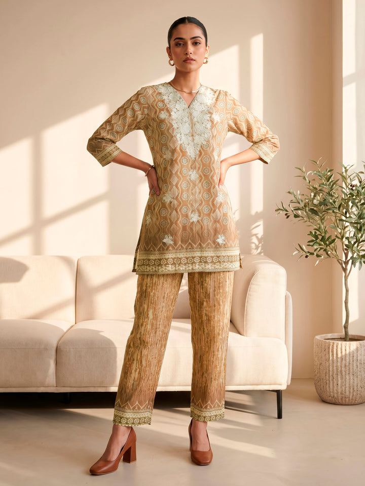 Linen V Neck Printed Kurta Set