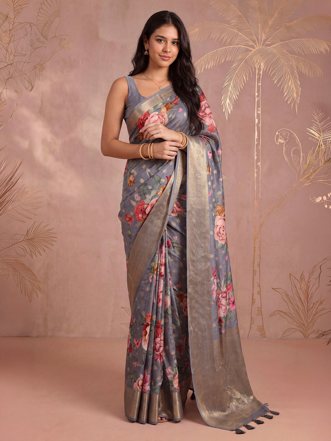 Grey Art Silk Printed Saree