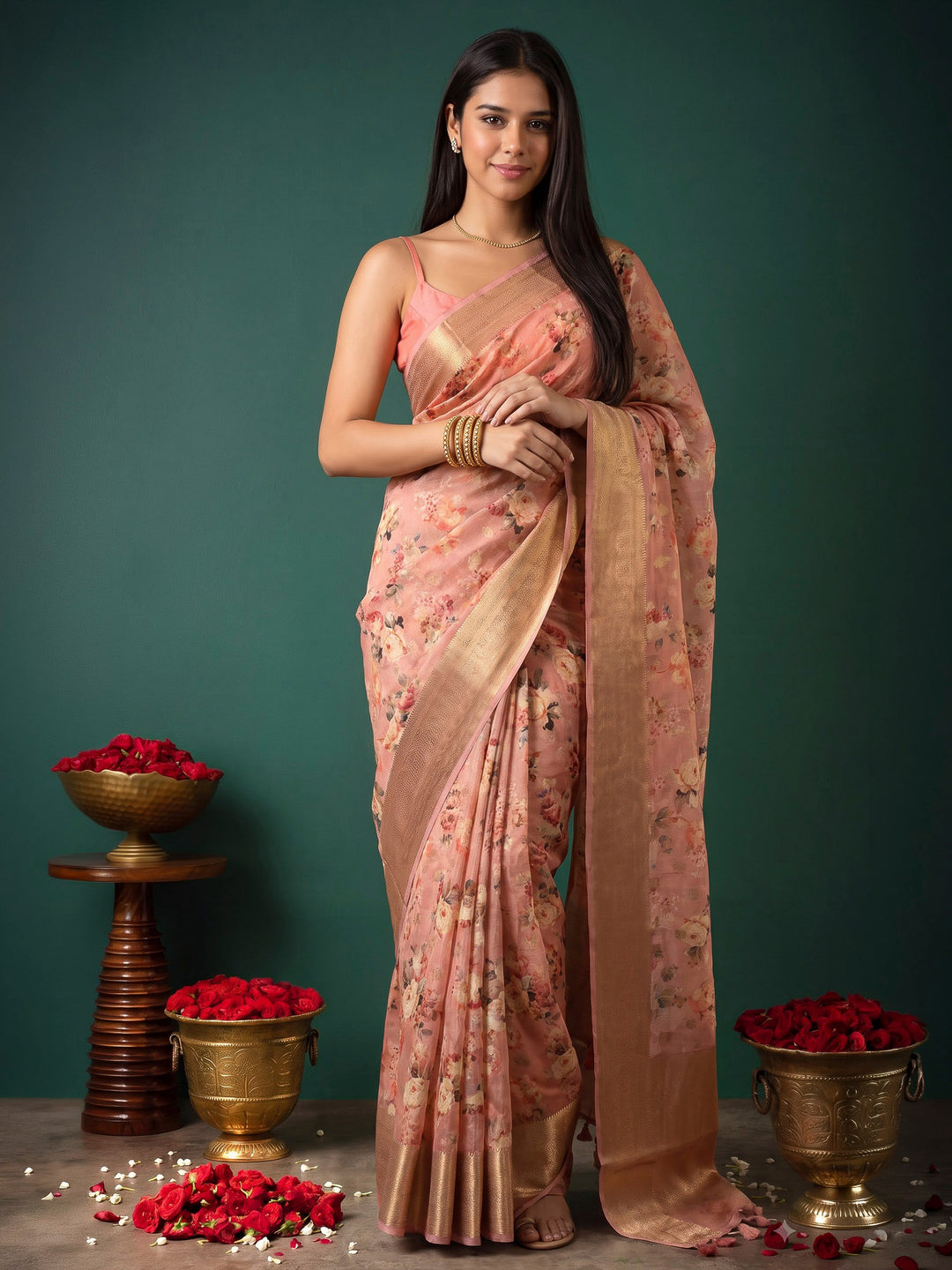 Peach Art Silk Printed Saree