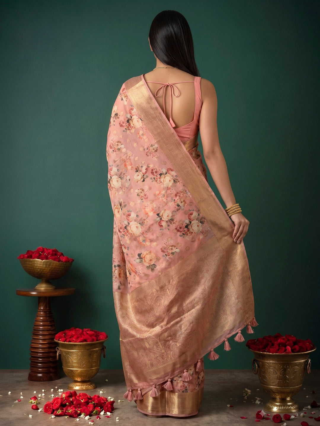 Peach Art Silk Printed Saree