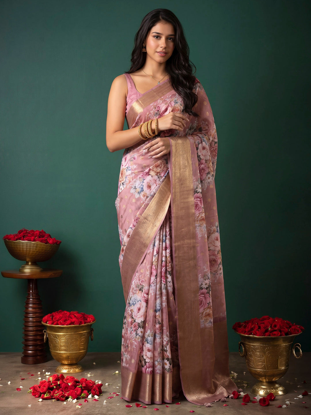 Pink Art Silk Printed Saree