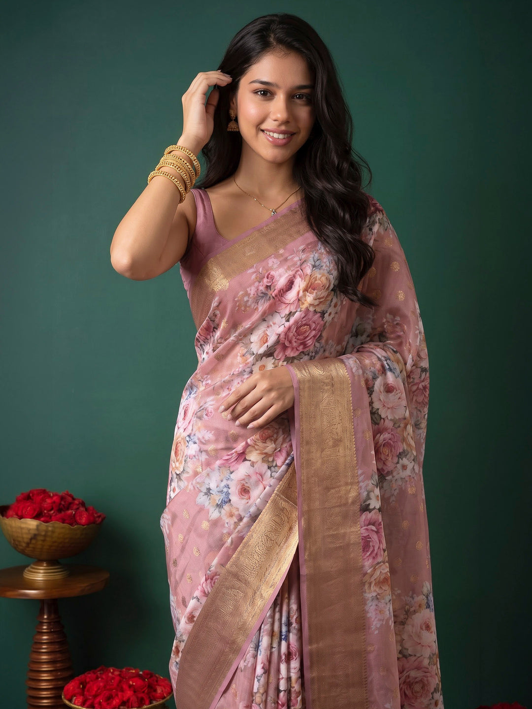 Pink Art Silk Printed Saree