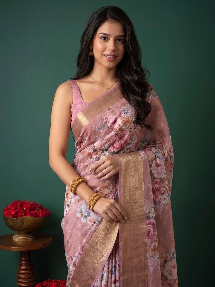 Pink Art Silk Printed Saree