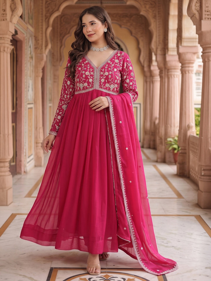 Pink Embroidered Georgette Gown With Dupatta