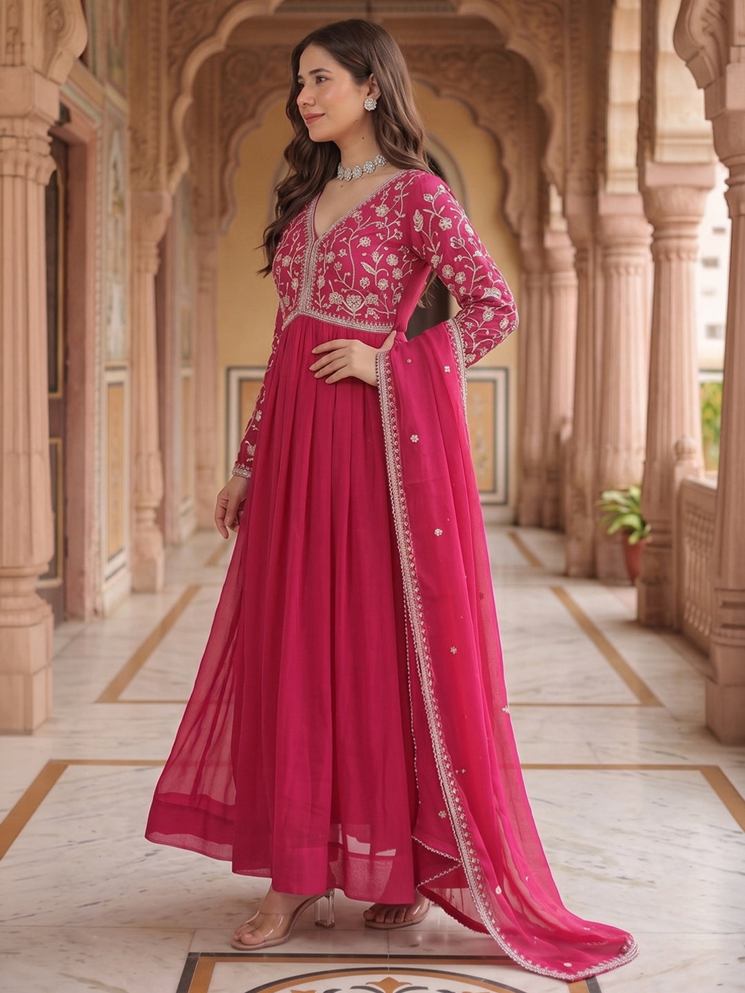 Pink Embroidered Georgette Gown With Dupatta